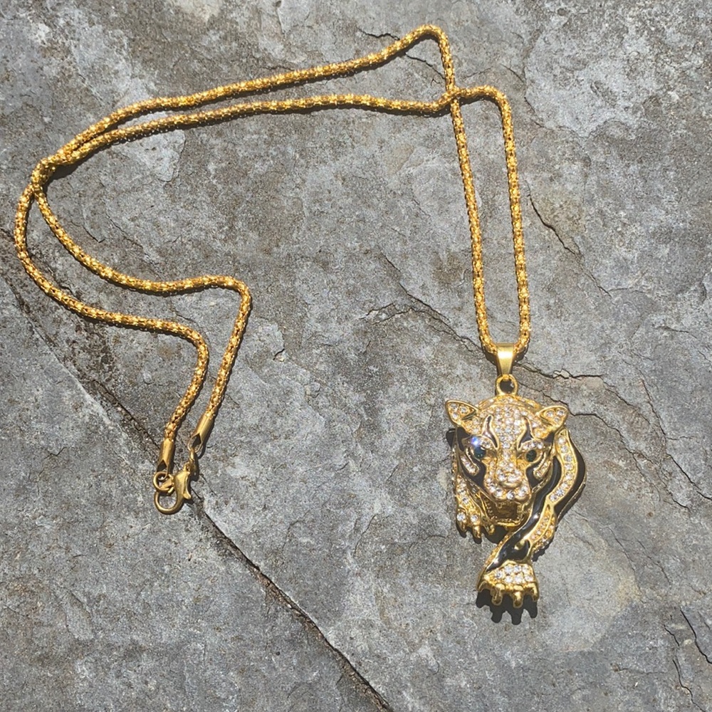 Gold Tiger Rhinestone Necklace Chain Drip